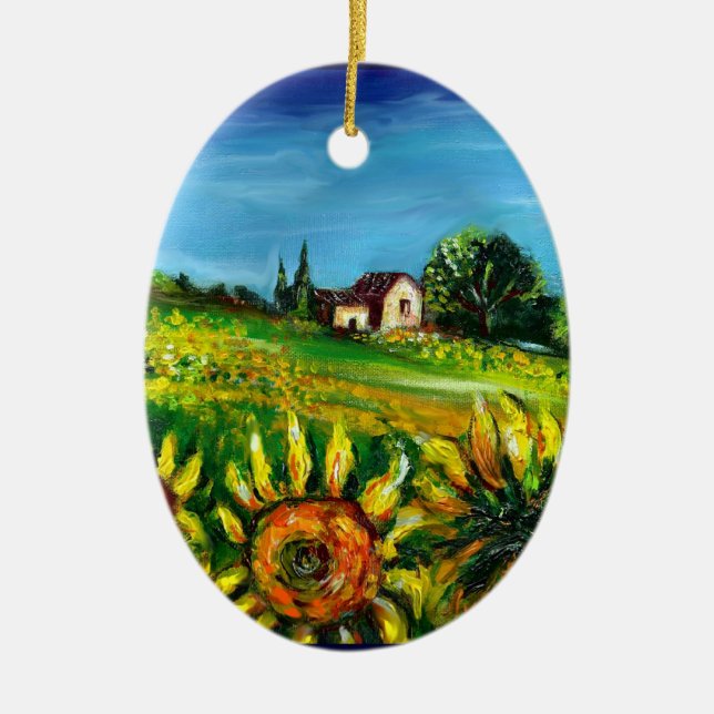 SONNENBLUMEN UND LANDSCHAFT IN TOSKANA-Herzen Keramik Ornament (Vorne)
