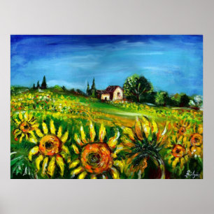 SONNENBLUMEN UND LANDSCHAFT IN TUSCIEN POSTER