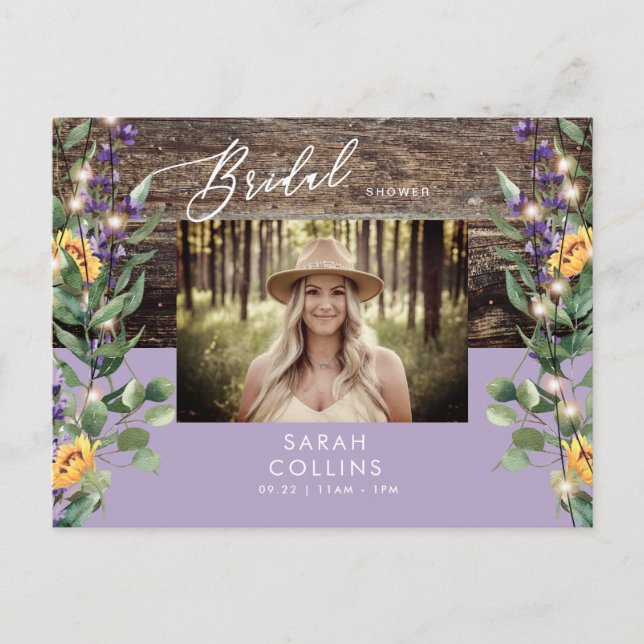 Sonnenblumen und Lavendel Foto Rustikale Bridal Einladungspostkarte (Vorderseite)