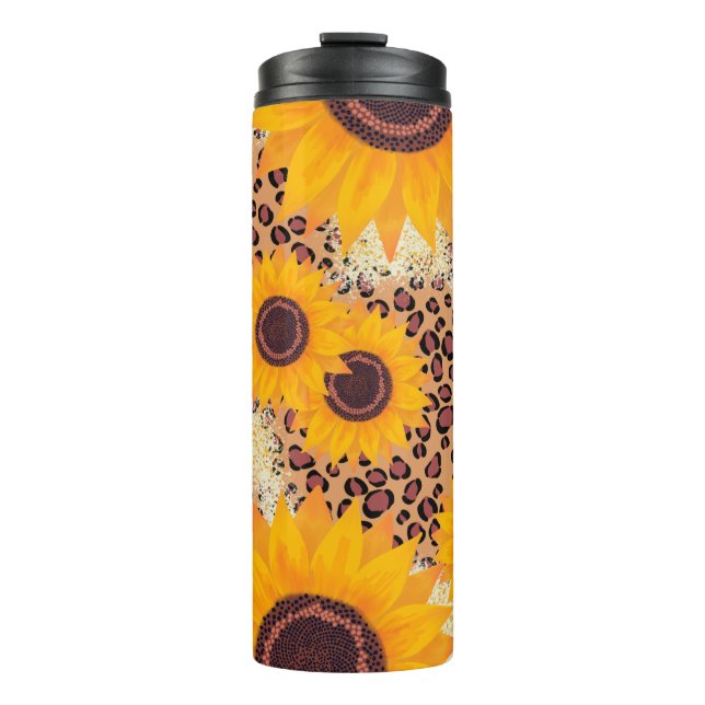 Sonnenblumen und Leopardenmuster Thermosbecher (Vorderseite)