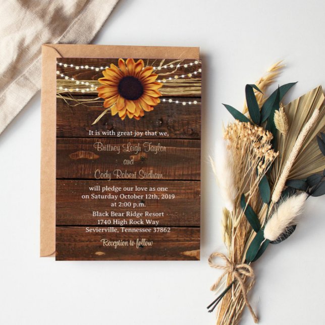 Sonnenblumen und Lights Wood Hochzeit Einladung (Von Creator hochgeladen)