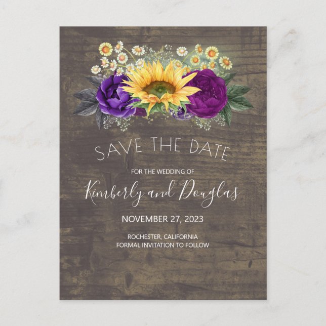 Sonnenblumen und Lila Rose Save the Date fallen Ankündigungspostkarte (Vorderseite)