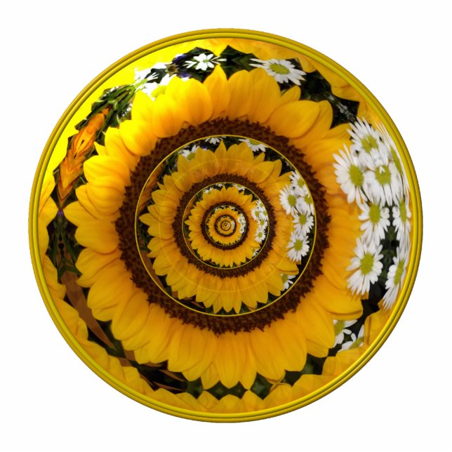 Sonnenblumen und Milchblumen unter Glas Freistehende Fotoskulptur (Vorne)