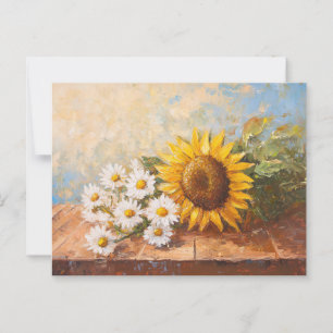 Sonnenblumen und Milchprodukte am rustikalen Tisch Postkarte