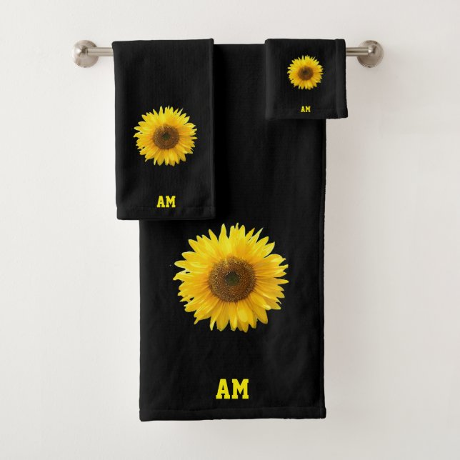 Sonnenblumen und Monogramm auf schwarz Badhandtuch Set (Insitu)