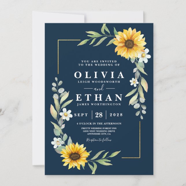 Sonnenblumen und Navy Blue Geometric Rustic Einladung (Vorderseite)