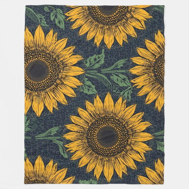 Sonnenblumen und Navy Cheetah Print Accent Fleecedecke (Vorderseite)
