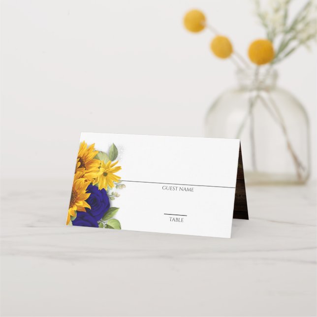 Sonnenblumen und Navy Rose Rustikal Platzkarte (Vorderseite)