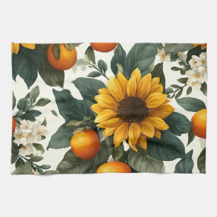 Sonnenblumen und Orangen Herbstdesign Geschirrtuch