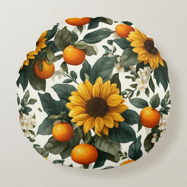 Sonnenblumen und Orangen Herbstdesign Rundes Kissen (Vorderseite)