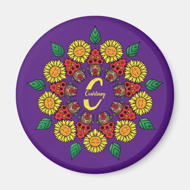 Sonnenblumen und Pilze Personalisiert Mandala Lila Magnet (Vorne)