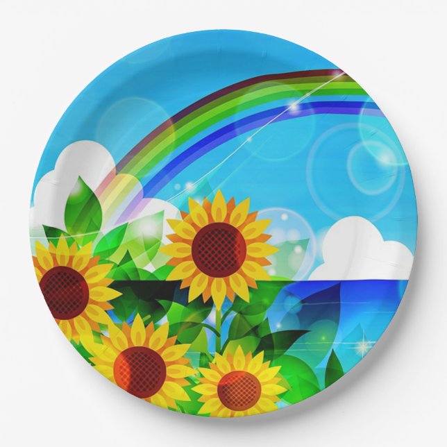 Sonnenblumen und Regenbogen Pappteller (Vorderseite)