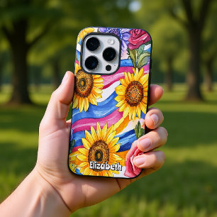 Sonnenblumen und Regenbogenwellen iPhone 16 Pro Hülle