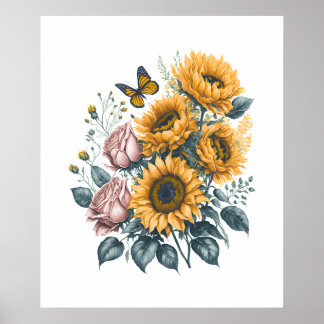 Sonnenblumen und Rose Aquarell Bouquet Malerei Poster