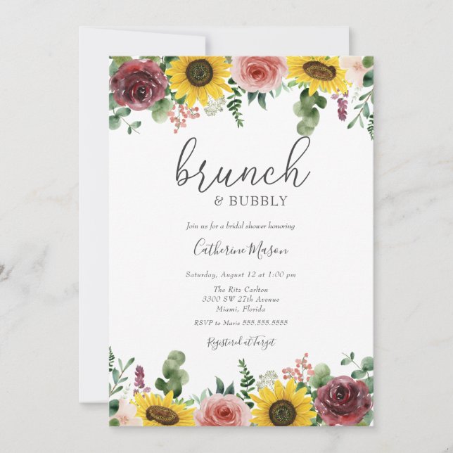 Sonnenblumen und Rose Brunch und Bubbly Brautparty Einladung (Vorderseite)