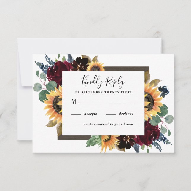Sonnenblumen und Rose Burgund Red Navy Blue Weddin RSVP Karte (Vorderseite)