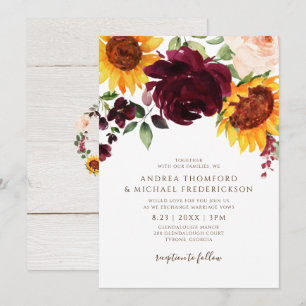 Sonnenblumen und Rose Burgund Rote Hochzeit im Her Einladung