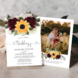 Sonnenblumen und Rose Burgund Rotes Foto Hochzeit Einladung