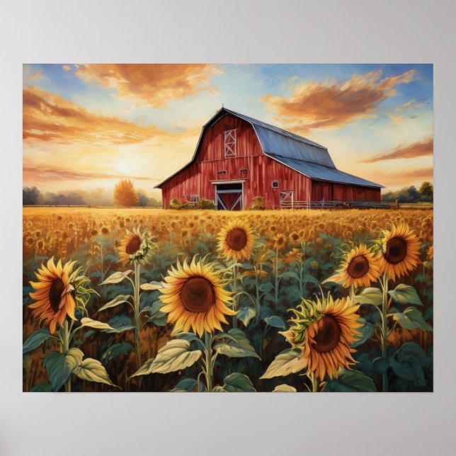 SONNENBLUMEN UND ROTE BARN POSTER (Vorne)