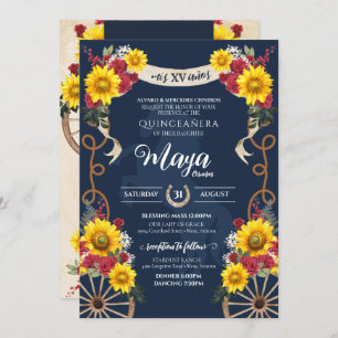 Sonnenblumen und Rote Rosen Rustikale Charro Quinc Einladung