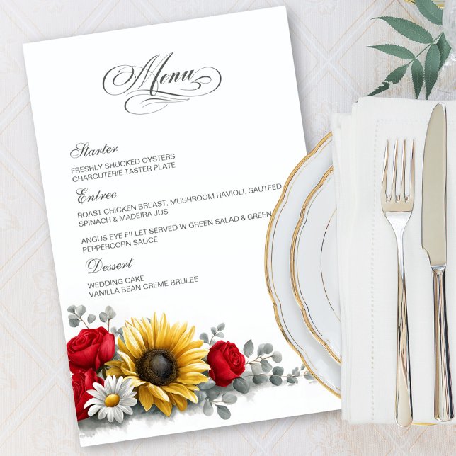 Sonnenblumen- und Rotrose-Blumenhochzeitsmenü (Von Creator hochgeladen)
