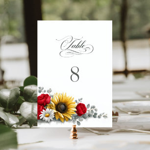 Sonnenblumen- und Rotrosen-Blumenhochzeit Tischnummer