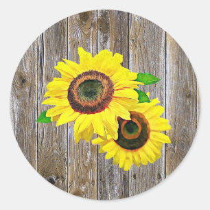 Sonnenblumen und rustikale Holzkleber Runder Aufkleber