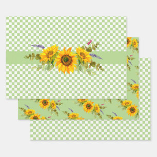 Sonnenblumen und Schachbrettmuster Geschenkpapier Set