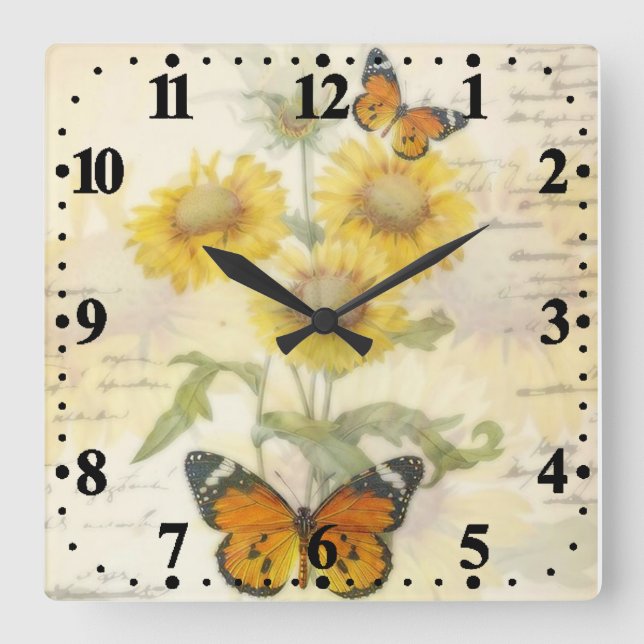Sonnenblumen und Schmetterling Quadratische Wanduhr (Vorderseite)
