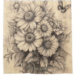 Sonnenblumen und Schmetterling - Rustikales Papier Duschvorhang