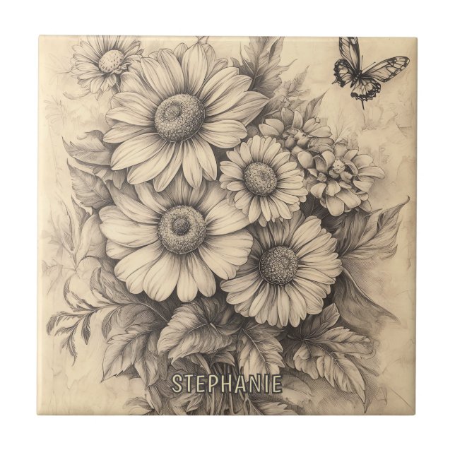 Sonnenblumen und Schmetterling - Rustikales Papier Fliese (Vorderseite)