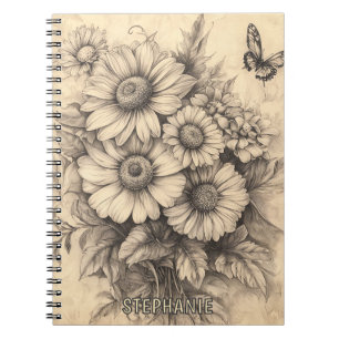 Sonnenblumen und Schmetterling - Rustikales Papier Notizblock