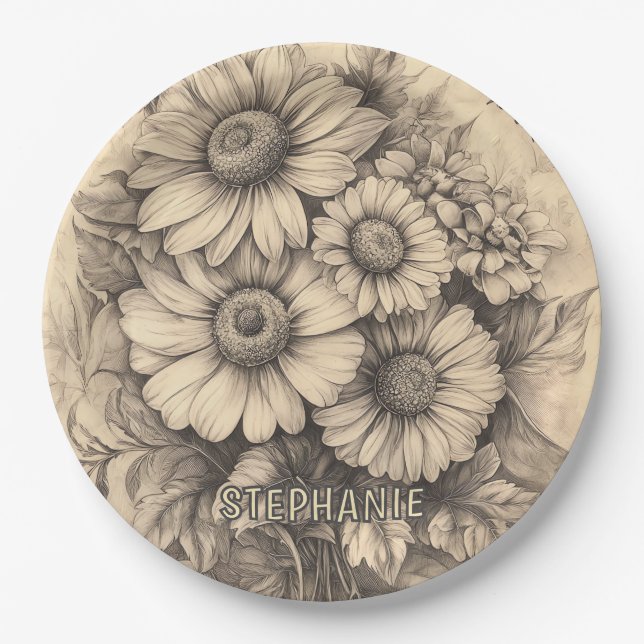 Sonnenblumen und Schmetterling - Rustikales Papier Pappteller (Vorderseite)