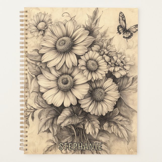 Sonnenblumen und Schmetterling - Rustikales Papier Planer (Vorderseite)