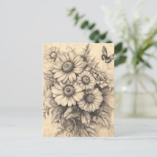 Sonnenblumen und Schmetterling - Rustikales Papier Postkarte