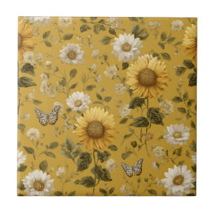 Sonnenblumen und Schmetterlinge auf gelbem Hinterg Fliese