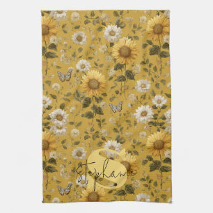 Sonnenblumen und Schmetterlinge auf gelbem Hinterg Geschirrtuch