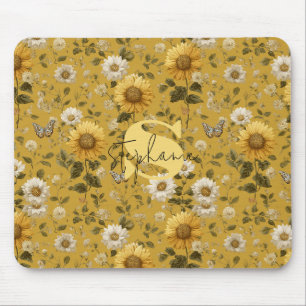 Sonnenblumen und Schmetterlinge auf gelbem Hinterg Mousepad