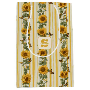 Sonnenblumen und Schmetterlinge auf gelben Streife Mittlere Geschenktüte