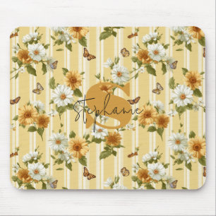 Sonnenblumen und Schmetterlinge auf gelben Streife Mousepad