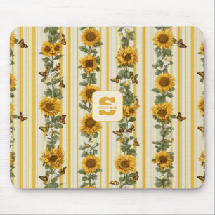 Sonnenblumen und Schmetterlinge auf gelben Streife Mousepad