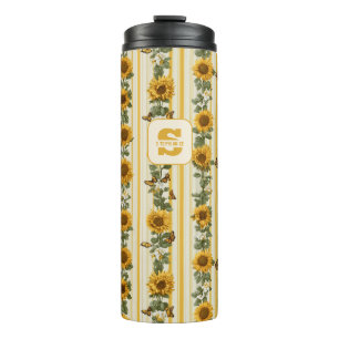 Sonnenblumen und Schmetterlinge auf gelben Streife Thermosbecher
