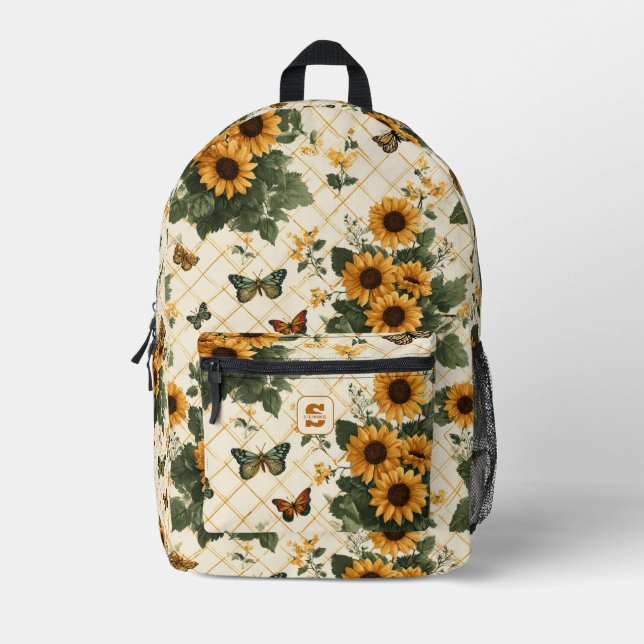 Sonnenblumen und Schmetterlinge auf hellem Gelb Bedruckter Rucksack (Vorderseite)