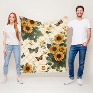 Sonnenblumen und Schmetterlinge auf hellem Gelb Fleecedecke