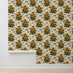 Sonnenblumen und Schmetterlinge auf hellem Gelb Tapete