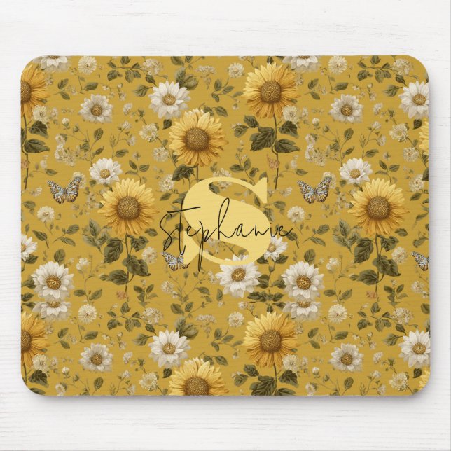 Sonnenblumen und Schmetterlinge im gelben Hintergr Mousepad (Vorne)
