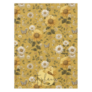 Sonnenblumen und Schmetterlinge im gelben Hintergr Tischdecke
