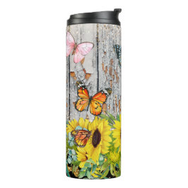 Sonnenblumen und Schmetterlinge mit Holzboden Thermosbecher