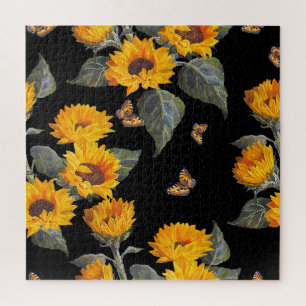 Sonnenblumen und Schmetterlinge: Schwarzer Untergr Puzzle
