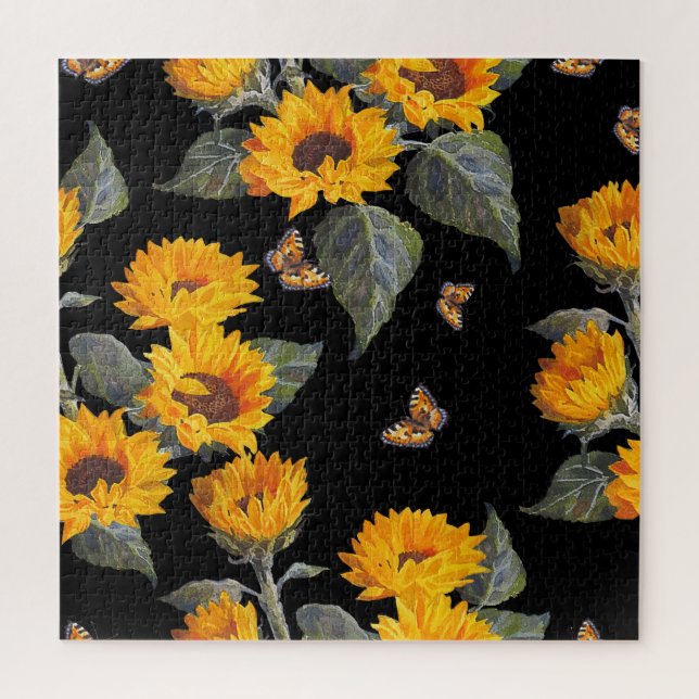 Sonnenblumen und Schmetterlinge: Schwarzer Untergr Puzzle (Vertikal)
